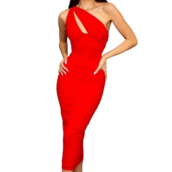 House Of CB Valentina Bodycon One Shoulder Midi Dress Red Size XS NWOT - Picture 1 of 10